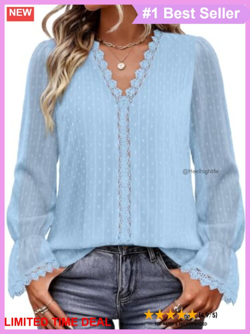 Swiss Dot V Neck Puff Sleeve Boho Blouse Lace Placket Flowy Top